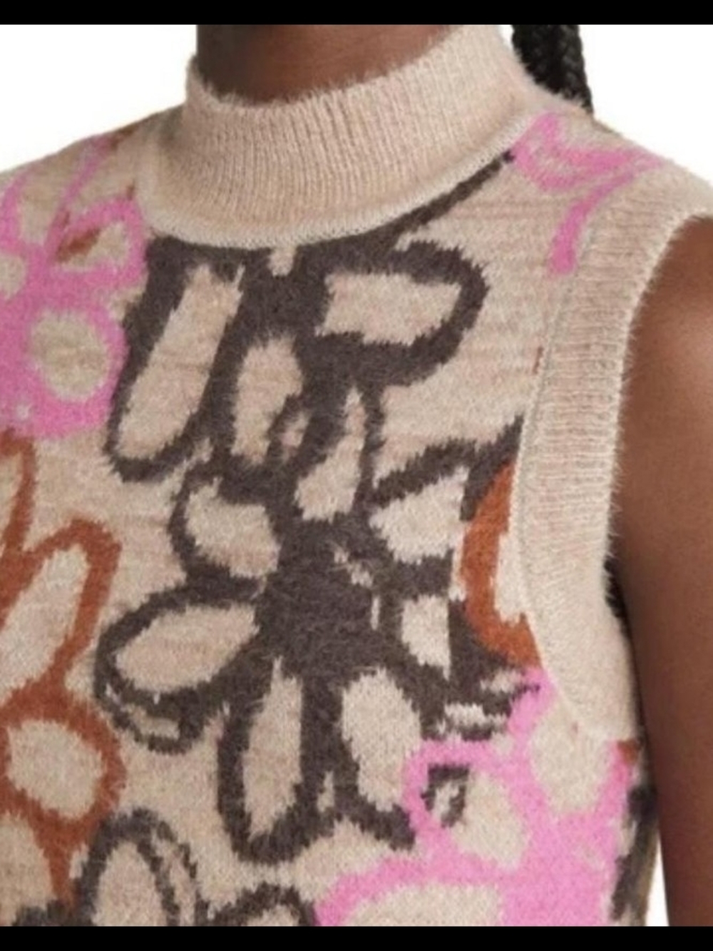 PacSun Womens Floral Fuzzy Knit Mock Neck Cropped Sweater Vest Tan Pink Sz S